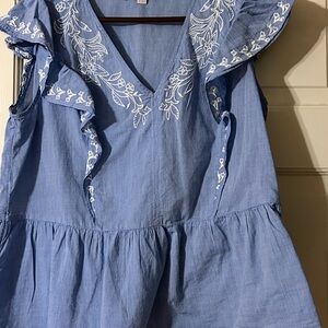 LOFT Blue Top with White Embroidery